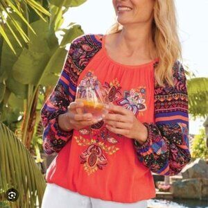 Soft Surroundings Blame Rio Embroidered Peasant Top Southwestern Bohemian Sz L